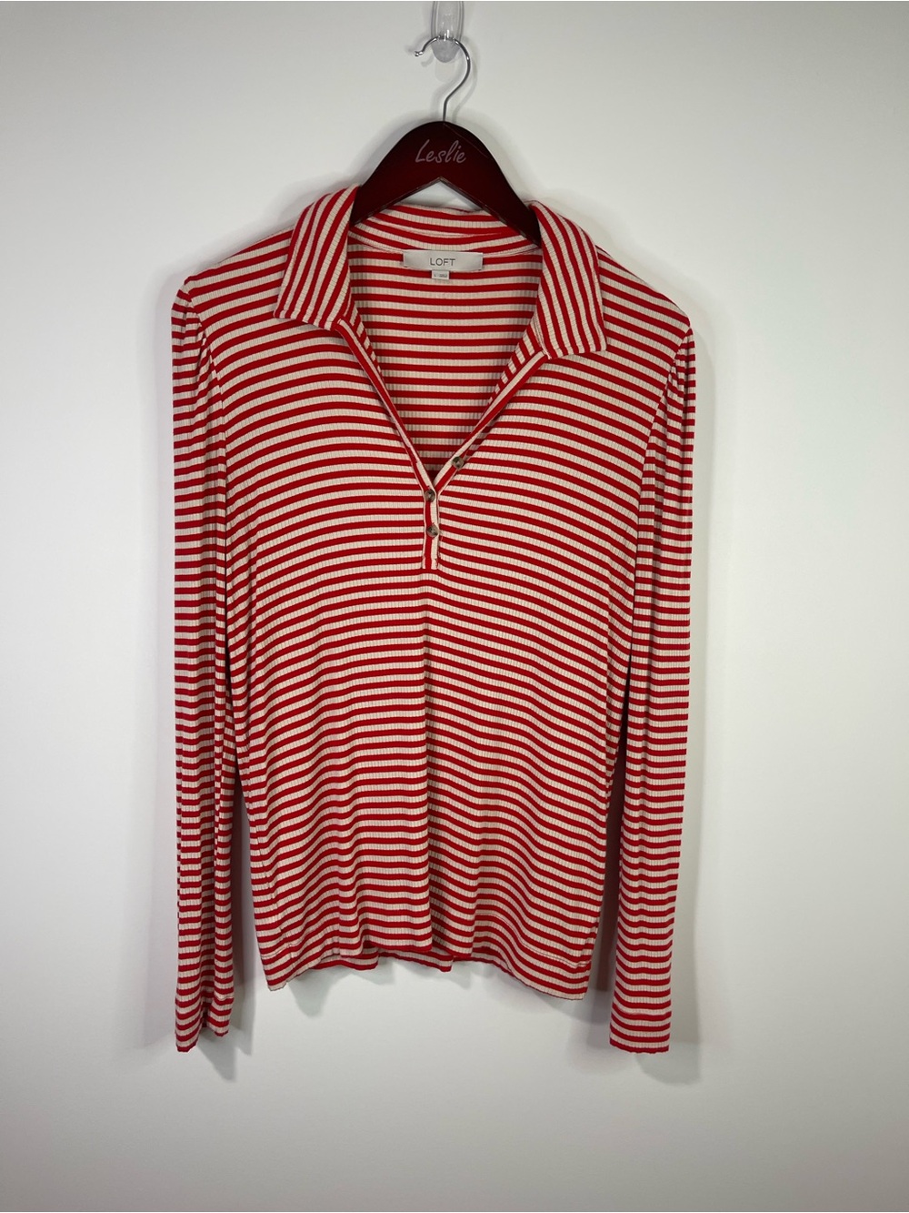 LOFT Red & White Striped button Collar Long Sleeve Top